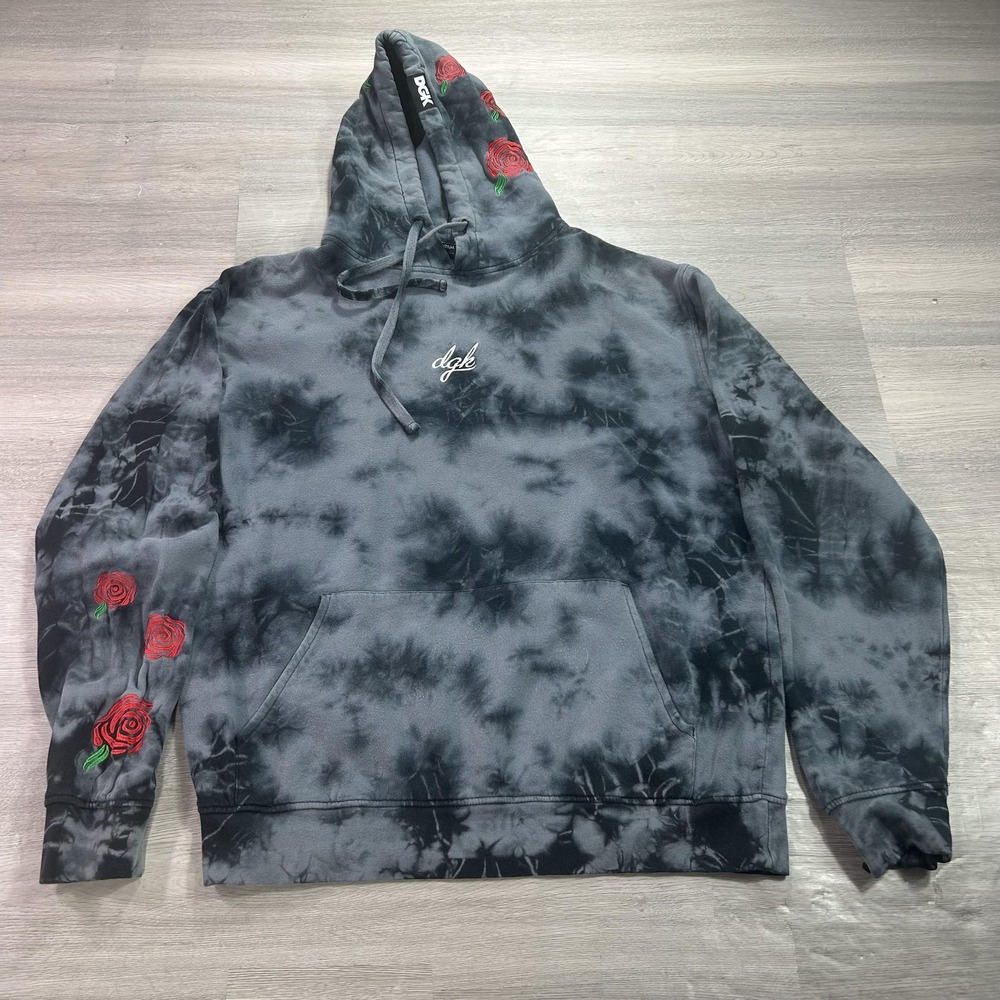 DGK Hoodie Mens Medium Gray Tie Dye Rose Graphic Fleece Skate Sweatshirt